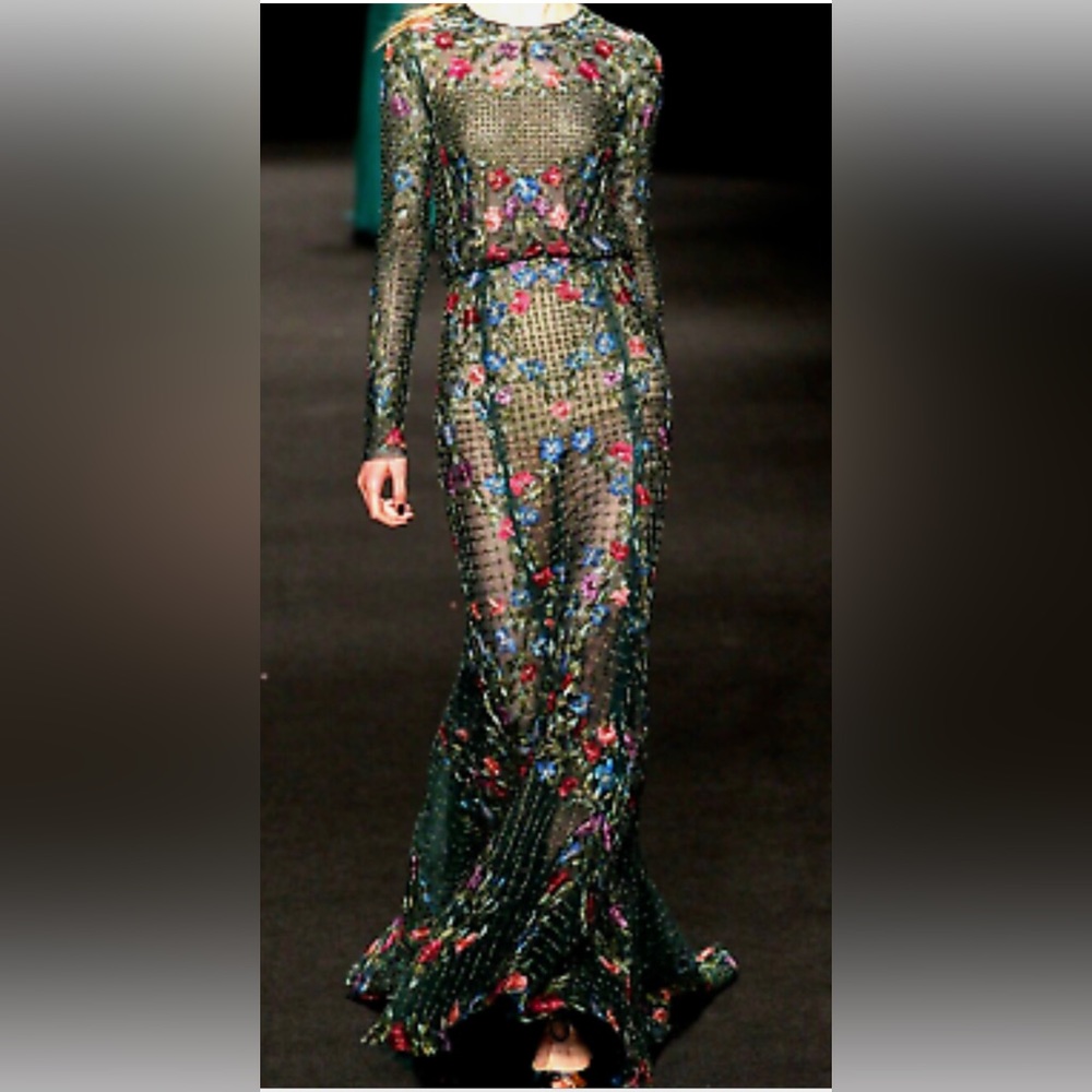 Monique Lhuillier Collection Dark Green Gown Fall 2016 Runway